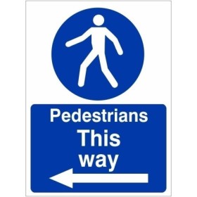 Pedestrians This Way Arrow Left mandatory safety sign with pedestrian symbol and directional arrow