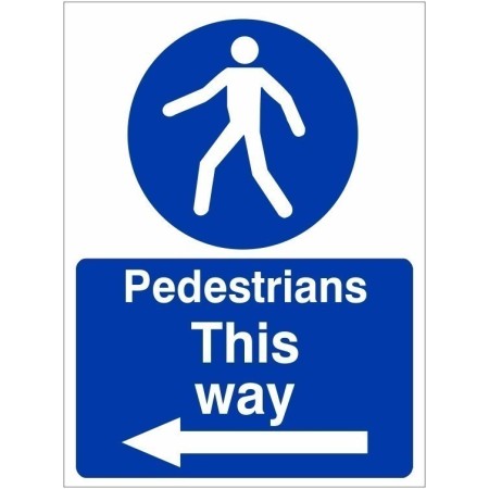 Pedestrians This Way Arrow Left mandatory safety sign with pedestrian symbol and directional arrow
