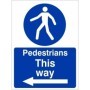 Pedestrians This Way Arrow Left mandatory safety sign with pedestrian symbol and directional arrow