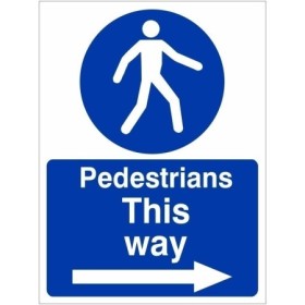 Pedestrians This Way Arrow Right mandatory safety sign with pedestrian symbol and directional arrow