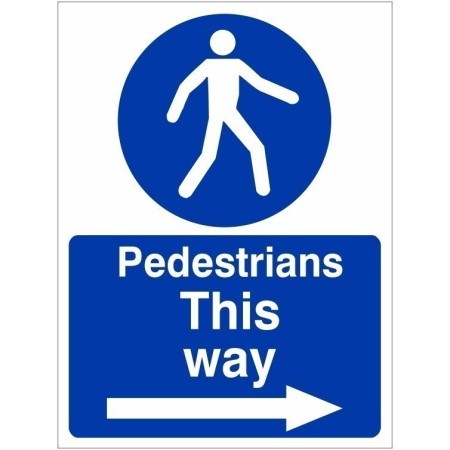 Pedestrians This Way Arrow Right mandatory safety sign with pedestrian symbol and directional arrow