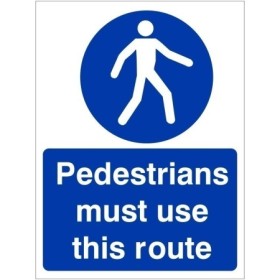 Pedestrians Must Use This Route mandatory safety sign with pedestrian symbol and blue background