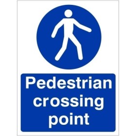 Pedestrian Crossing Point mandatory safety sign with pedestrian symbol and blue background