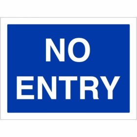 No entry traffic sign with white text on blue background