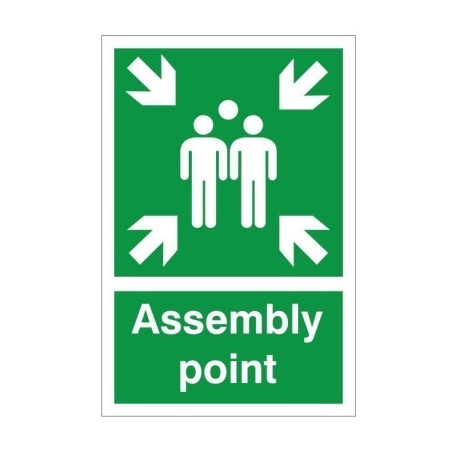 Green assembly point safety sign with emergency meeting point symbol