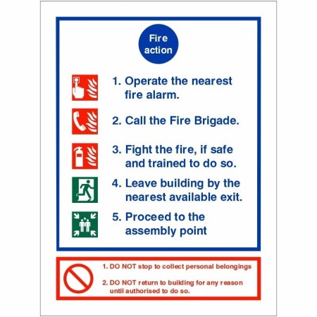 5 Point Fire Action Notice safety sign with emergency fire procedure instructions
