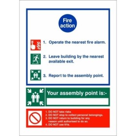 3 point fire action notice sign with assembly point instructions