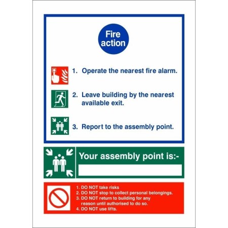 3 point fire action notice sign with assembly point instructions