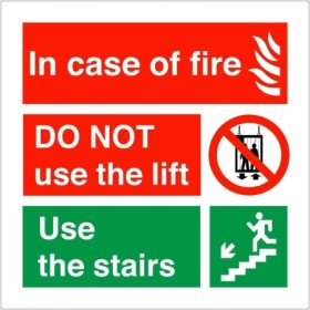 In case of fire do not use the lift use the stairs fire action notice sign