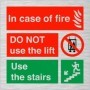  Brushed aluminium fire safety notice with no lift symbol and stair escape instruction
