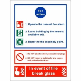 3 point fire action notice sign with in event of fire break glass instruction