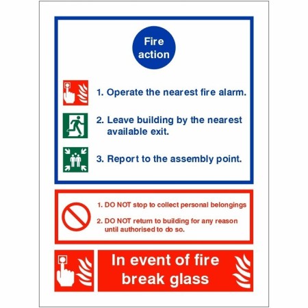 3 point fire action notice sign with in event of fire break glass instruction