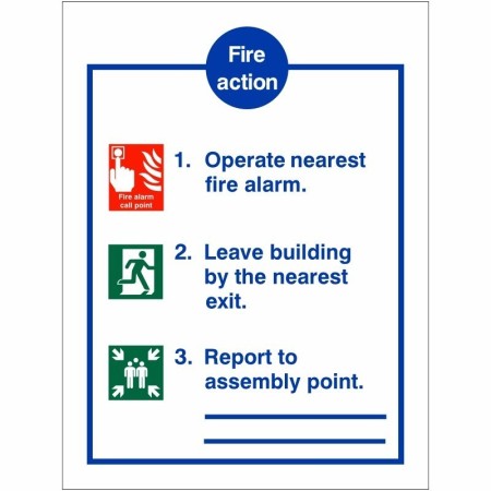 3 point fire action notice sign with evacuation instructions and assembly point guidance