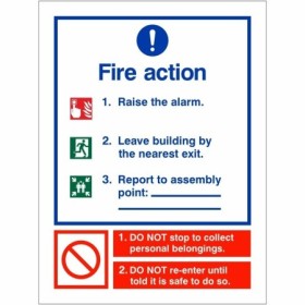 3 point fire action notice sign with raise the alarm and assembly point instructions