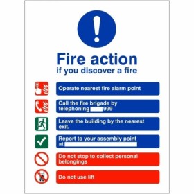 Fire action if you discover a fire safety sign with emergency evacuation instructions