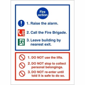 3 point fire action notice raise the alarm safety sign with evacuation instructions
