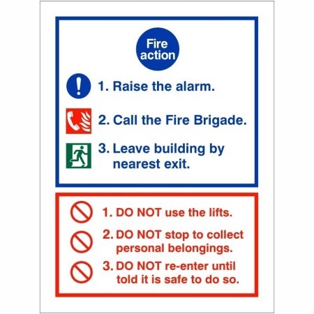 3 point fire action notice raise the alarm safety sign with evacuation instructions