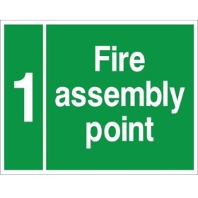 Fire Assembly Point 1 safety sign with green background and white text