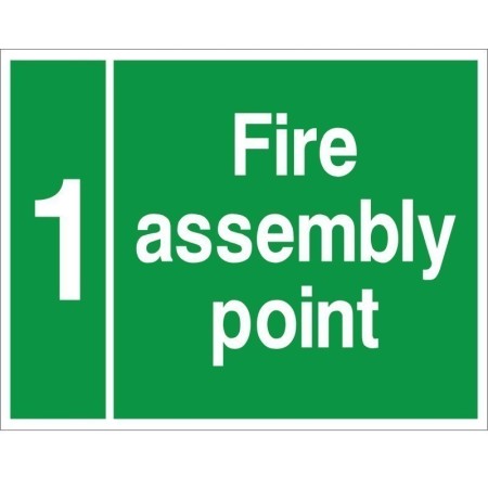 Fire Assembly Point 1 safety sign with green background and white text