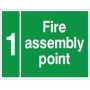 Fire Assembly Point 1 safety sign with green background and white text