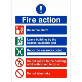 Raise The Alarm Fire Action Notice safety sign with fire evacuation instructions
