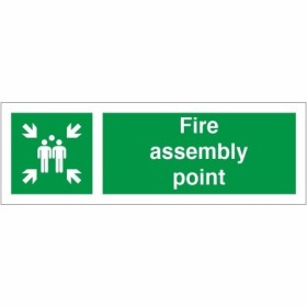 Fire Assembly Point Sign with green safe condition symbol and text