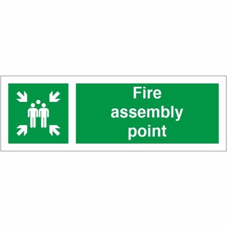 Fire Assembly Point Sign with green safe condition symbol and text