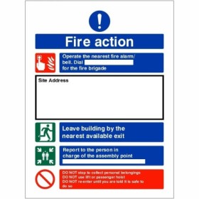 Fire Action Construction Site Notice Sign with emergency evacuation instructions