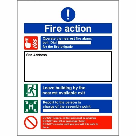 Fire Action Construction Site Notice Sign with emergency evacuation instructions