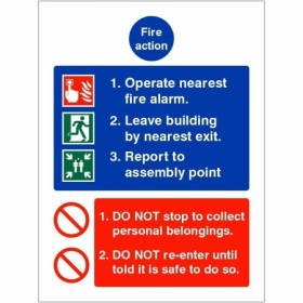 Operate nearest fire alarm fire action safety sign with evacuation instructions