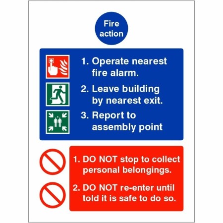 Operate nearest fire alarm fire action safety sign with evacuation instructions