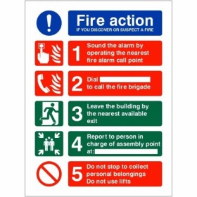 If You Discover Or Suspect A Fire safety action sign with emergency evacuation instructions