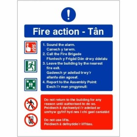 English and Welsh fire action safety sign with emergency evacuation instructions