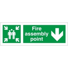 Fire assembly point sign with downward arrow directional symbol