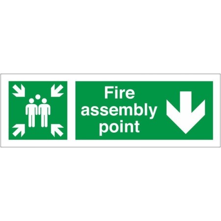Fire assembly point sign with downward arrow directional symbol