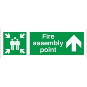 Fire assembly point sign with upward arrow for emergency evacuation guidance