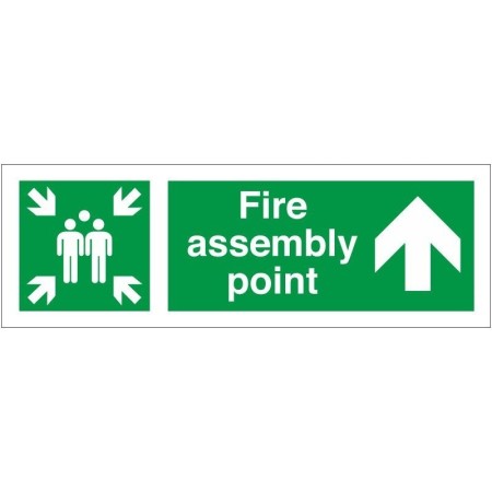 Fire assembly point sign with upward arrow for emergency evacuation guidance