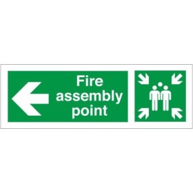 Fire assembly point sign with left directional arrow and assembly symbol