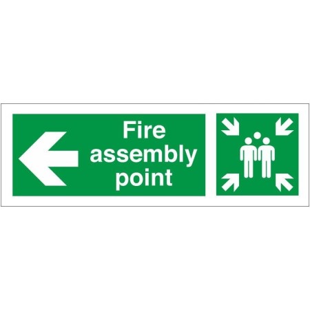 Fire assembly point sign with left directional arrow and assembly symbol