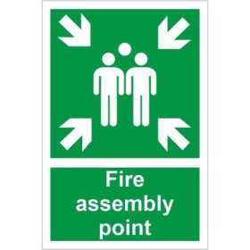 Fire assembly point safety sign with emergency gathering symbol and directional arrows