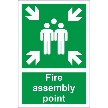 Fire assembly point safety sign with emergency gathering symbol and directional arrows