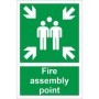 Fire assembly point safety sign with emergency gathering symbol and directional arrows