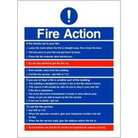 Fire Action Notice Sign with emergency instructions for flats and apartment buildings
