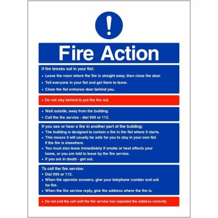 Fire Action Notice Sign with emergency instructions for flats and apartment buildings