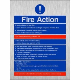 Fire Action Notice sign with instructions for residents if fire breaks out in a flat