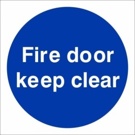 Fire Door Keep Clear mandatory safety sign with white text on blue background