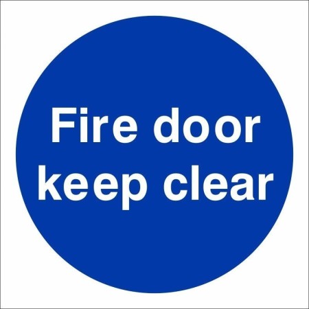 Fire Door Keep Clear mandatory safety sign with white text on blue background
