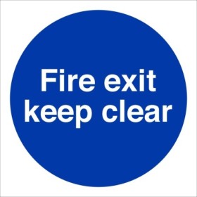Fire Exit Keep Clear safety sign with white text on blue background