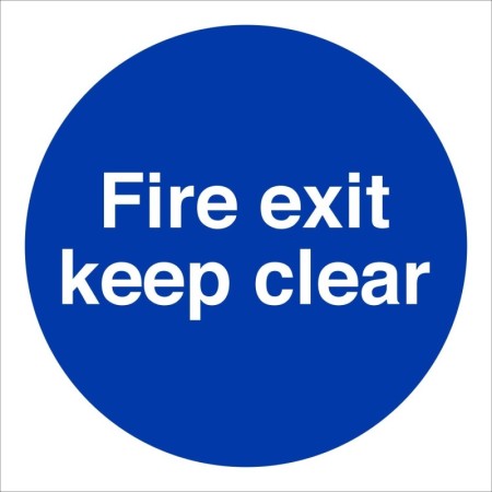 Fire Exit Keep Clear safety sign with white text on blue background