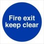 Fire Exit Keep Clear safety sign with white text on blue background